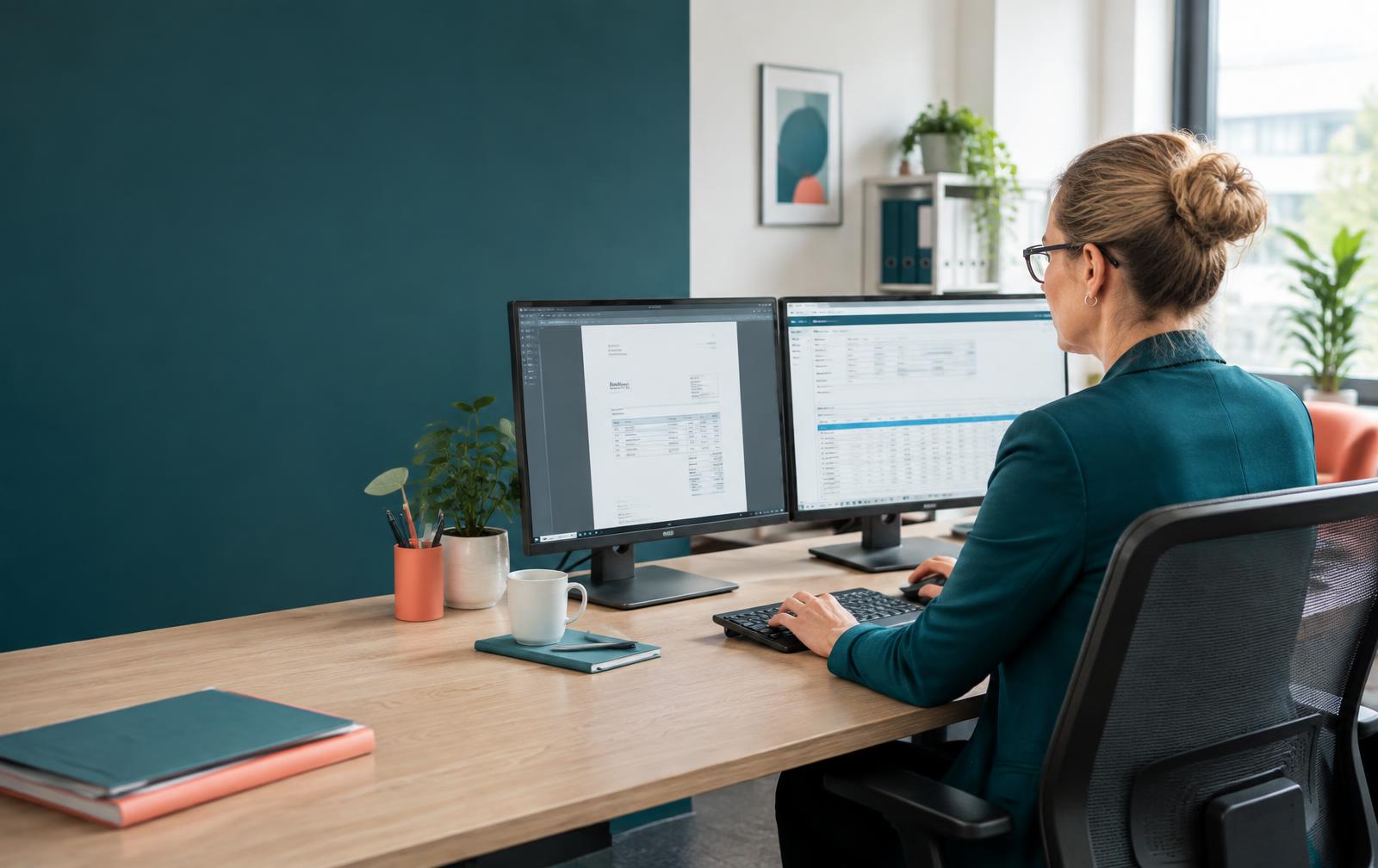 Büromitarbeiterin arbeitet mit ERika an Dokumenten und Unternehmenssoftware
